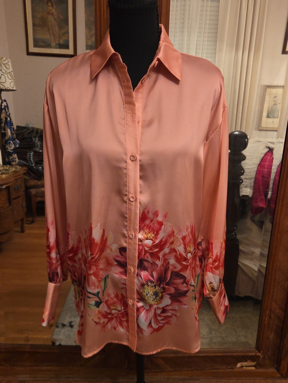Catherine Malandrino Peach Pink Floral Button-Up Blouse